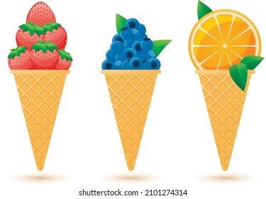 Set of ice cream with berries and fruits on a white background, EPS 10