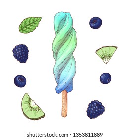 Set ice cream blueberry blackberry kiwi. Vector illustration. Hand drawing.
