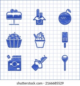 Set Ice cream in bowl, Bitten chocolate bar, Lollipop, Candy packaging for sweets, Cupcake, Apple and Cake on plate icon. Vector