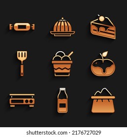 Set Ice cream in bowl, Bottle with milk, Bag of flour, Apple caramel, Electronic scales, Spatula, Piece cake and Candy icon. Vector
