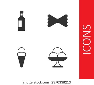 Set Ice cream in the bowl, Bottle of wine, waffle and Macaroni icon. Vector