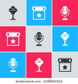 Set Ice cream in bowl, Calendar party and Microphone icon. Vector