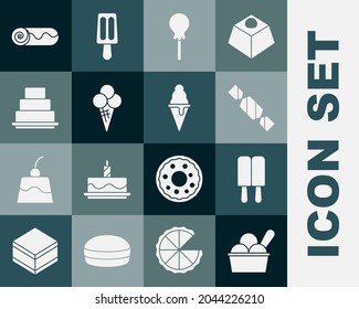 Set Ice cream in bowl, Candy, Lollipop, waffle cone, Cake, Chocolate roll cake and  icon. Vector