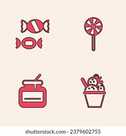 Set Ice cream in bowl, Candy, Lollipop and Jar of honey icon. Vector
