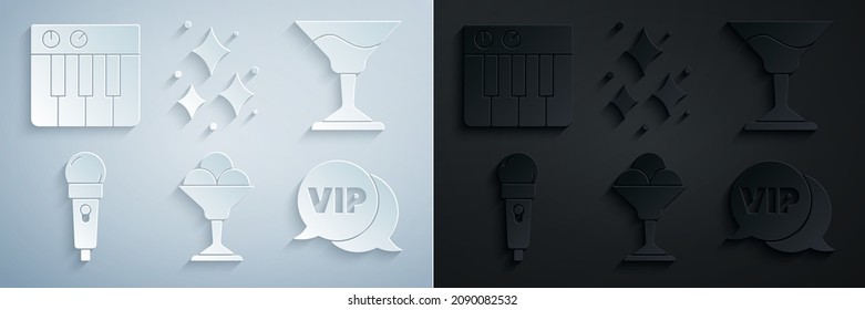 Set Ice Cream In Bowl, Cocktail, Microphone, Vip Speech Bubble, Firework And Music Synthesizer Icon. Vector