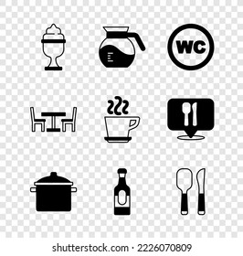 Set Ice cream in bowl, Coffee pot, Toilet, Cooking, Wine bottle, Knife and spoon, Wooden table with chair and cup icon. Vector