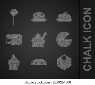 Set Ice cream in bowl, Croissant, Brownie chocolate cake, Homemade pie, Cake,  and Lollipop icon. Vector