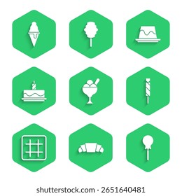 Set Ice cream in bowl, Croissant, Lollipop, Candy, Waffle, Cake with burning candles, Pudding custard and waffle cone icon. Vector