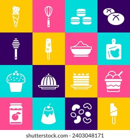 Set Ice cream, in bowl, Cutting board, Macaron cookie, Honey dipper stick, waffle cone and Flour icon. Vector