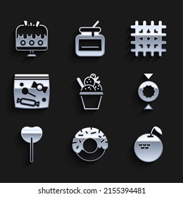 Set Ice cream in bowl, Donut, Apple, Candy, Lollipop, packaging for sweets, Cracker biscuit and Cake plate icon. Vector
