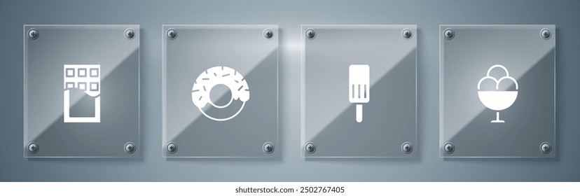 Set Ice cream in bowl, , Donut and Chocolate bar. Square glass panels. Vector