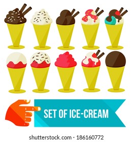 set of ice cream in a bowl flat vector illustration. in the cup. 