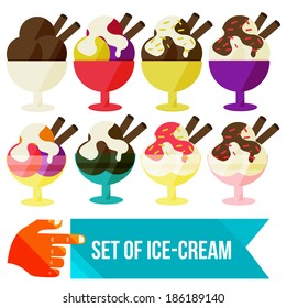 Set Of Ice Cream In A Bowl Flat Vector Illustration.  Selection Of Cup. 