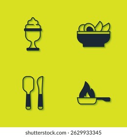 Set Ice cream in bowl, Frying pan, Knife and spoon and Nachos plate icon. Vector