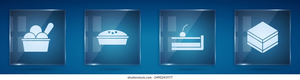 Set Ice cream in bowl, Homemade pie, Cherry cheesecake and Brownie chocolate. Square glass panels. Vector