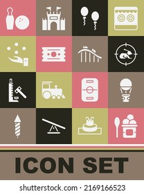 Set Ice cream in bowl, Hot air balloon, Hunt rabbit with crosshairs, Balloons, Ticket, Juggling, Bowling pin and and Roller coaster icon. Vector