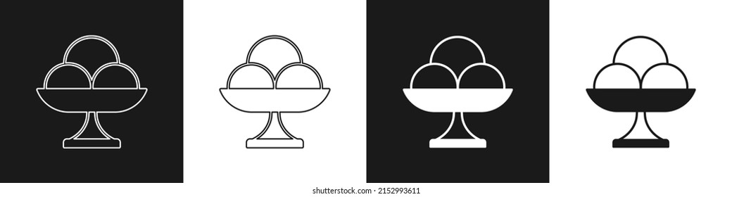 Set Ice cream in the bowl icon isolated on black and white background. Sweet symbol.  Vector