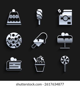 Set Ice cream, in bowl, Lollipop, Cake on plate, Piece of cake, Cookie or biscuit, Candy packaging for sweets and  icon. Vector