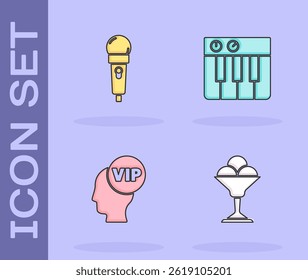 Set Ice cream in bowl, Microphone, Vip inside head and Music synthesizer icon. Vector