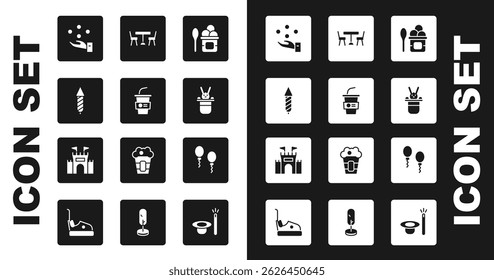 Set Ice cream in bowl, Paper glass with water, Firework rocket, Juggling ball, Magician hat and rabbit, Picnic table chairs, Balloons and Castle icon. Vector