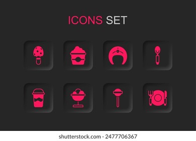 Set Ice cream in the bowl, Popcorn cardboard box, Fly agaric mushroom, Lollipop, Spoon, Plate, fork and knife, Fish steak and Coffee cup to go icon. Vector
