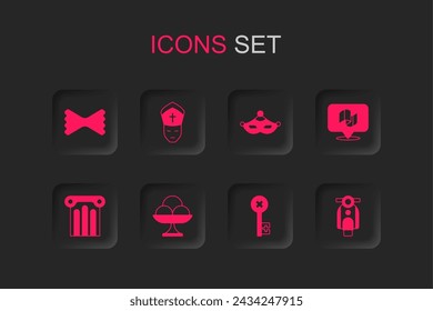 Set Ice cream in the bowl, Pope, Macaroni, Old key, Flag Italy, Scooter, Carnival mask and Ancient column icon. Vector
