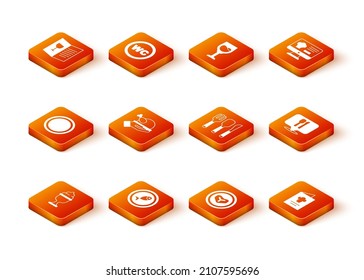 Set Ice cream in bowl, Served fish on plate, Plate, Roasted turkey or chicken, Steak meat, Fork, spoon and knife, Cookbook and Cafe restaurant location icon. Vector