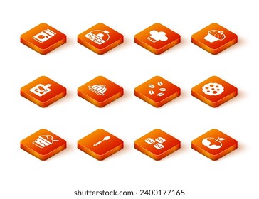 Set Ice cream in bowl, Spoon, Cutting board, Pudding custard, Macaron cookie, Coffee beans, Apple caramel and Cookie or biscuit icon. Vector