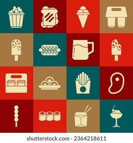 Set Ice cream in bowl, Steak meat, waffle cone, Hotdog sandwich, Popcorn box and Wooden beer mug icon. Vector