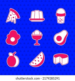 Set Ice cream in the bowl, Watermelon, Cheese, Avocado fruit, Plum, Scrambled egg, waffle and Slice of pizza icon. Vector