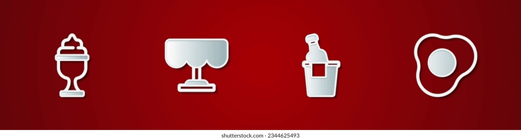 Set Ice cream in bowl, Wooden table, Champagne an ice bucket and Scrambled eggs icon. Vector