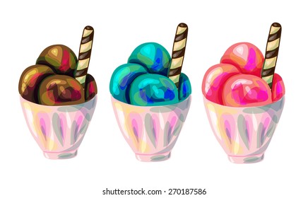 Set of ice cream in a bowls. Vector illustration