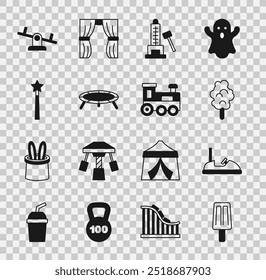 Set Ice cream, Bumper car, Cotton candy, Striker attraction with hammer, Jumping trampoline, Magic wand, Seesaw and Toy train icon. Vector