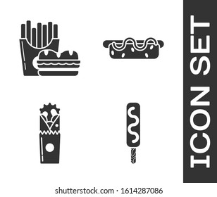 Set Ice cream, Burger and french fries in carton package box, Doner kebab and Hotdog sandwich with mustard icon. Vector