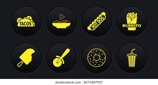 Set Ice cream, Burrito, Pizza knife, Donut, Hotdog sandwich, Nachos in plate, Glass with water and Taco tortilla icon. Vector