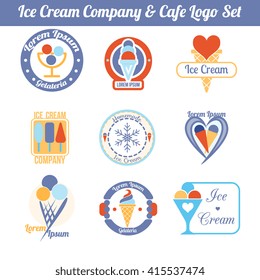 Set of ice cream cafe or company logos. Gelateria dessert cafeteria emblem. Logotypes for shop, products - sorbet, ice-cream. 100% editable vector. Isolated on white background. Modern flat style.