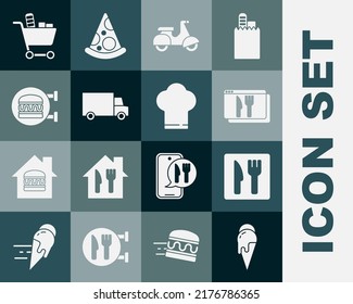 Set Ice cream, Cafe and restaurant location, Online ordering delivery, Scooter, Fast by car, burger, Shopping cart food and Chef hat icon. Vector