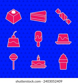 Set Ice cream, Cake with burning candles, waffle cone, Pudding custard, Lollipop, Candy and Brownie chocolate cake icon. Vector