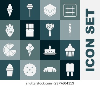 Set Ice cream, Cake, Candy, Brownie chocolate cake, Chocolate bar, Strawberry in, waffle cone and Lollipop icon. Vector