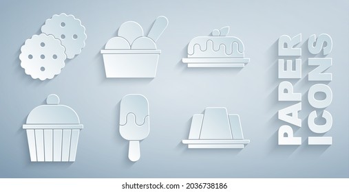 Set Ice cream, Cake, Jelly cake, in bowl and Cookie or biscuit icon. Vector