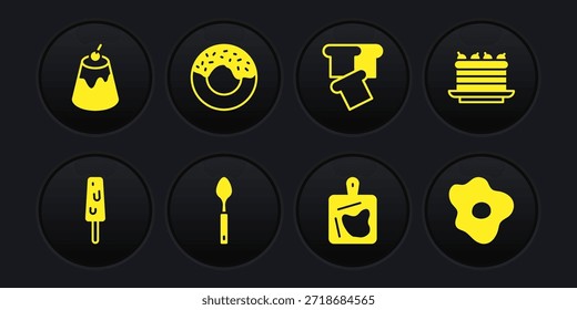 Definir sorvete, Bolo, Colher, Tabuleiro de corte, Torrada de pão, Rosca, ovos mexidos e ícone de creme de pudim. Vetor