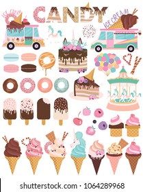 Set of ice cream and cakes for party decoration. Editable vector illustration