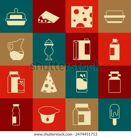 Set Ice cream, Can container for milk, Whipped bottle, Cheese, Milkshake, jug pitcher, Butter butter dish and Paper package kefir icon. Vector