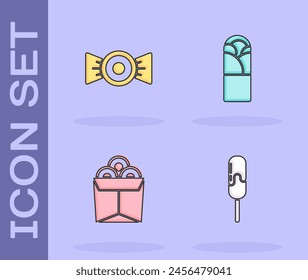 Set Ice cream, Candy, Noodles in box and Doner kebab icon. Vector