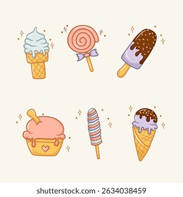 set of ice cream and candy playful illustration vector clip art decoration sticker etc