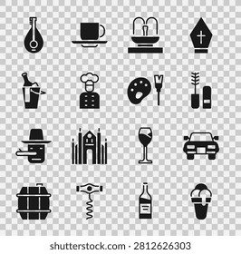 Set Ice cream, Car, Mascara brush, Fountain, Italian cook, Bottle of wine bucket, Mandolin and Paint with palette icon. Vector