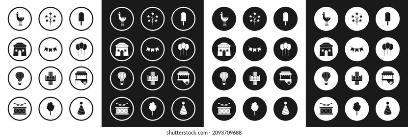 Set Ice cream, Carnival garland with flags, Circus tent, Riding kid duck, Balloons ribbon, Fireworks, Fast street food cart awning and Hot air balloon icon. Vector