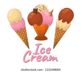 Set of Ice Cream Cartoon Icon. Summer Sundae Logo and Label for Ice Cream Shop. Vector Illustration.