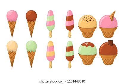 Set of Ice Cream Cartoon Icon. Summer Sundae Logo and Label for Ice Cream Shop. Vector Illustration.