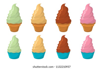 Set of Ice Cream Cartoon Icon. Summer Sundae Logo and Label for Ice Cream Shop. Vector Illustration.